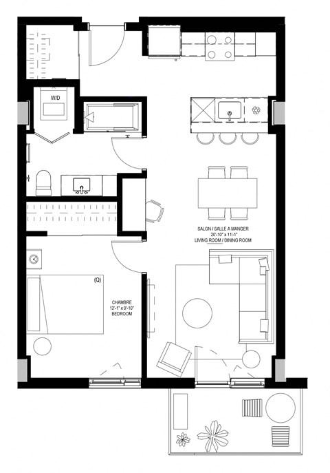 Floor plan for 1 bed, 1 bath, 683 sqft